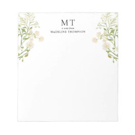 Elegant White Floral Wildflower Classic Monogram ノートパッド