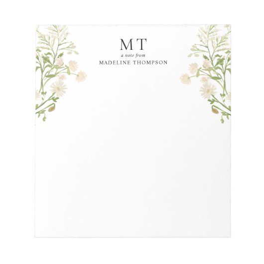 Elegant White Floral Wildflower Classic Monogram ノートパッド (正面)