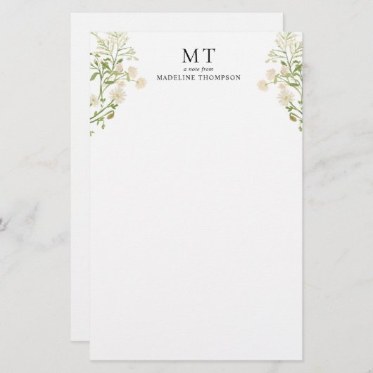 Elegant White Floral Wildflower Classic Monogram 便箋 (正面/裏面)