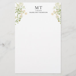 Elegant White Floral Wildflower Classic Monogram 便箋