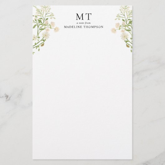 Elegant White Floral Wildflower Classic Monogram 便箋 (正面)