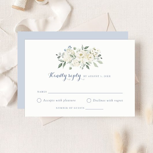 Elegant White Flowers Dusty Blue Wedding RSVP 招待状