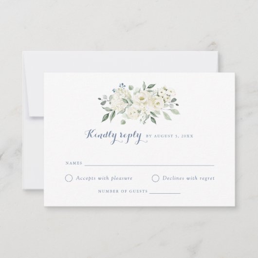 Elegant White Flowers Dusty Blue Wedding RSVP 招待状 (正面)