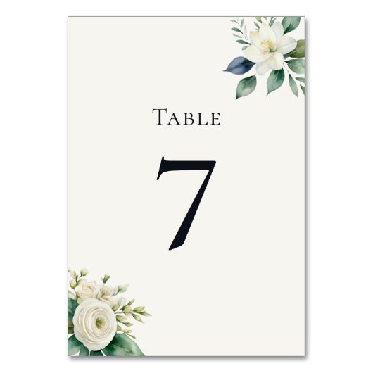 Elegant White Flowers & Greenery Wedding Reception テーブルナンバー (正面)