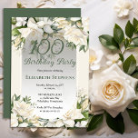 Elegant White Gardenia Floral 100th Birthday Party 招待状<br><div class="desc">Celebrate a milestone birthday with timeless elegance. This sophisticated 100th birthday party invitation features a soft botanical frame of white gardenia and lily florals and delicate greenery surrounding a refined sage green background. The graceful oval frame and classic typography create a polished, upscale look perfect for a stylish birthday celebration....</div>