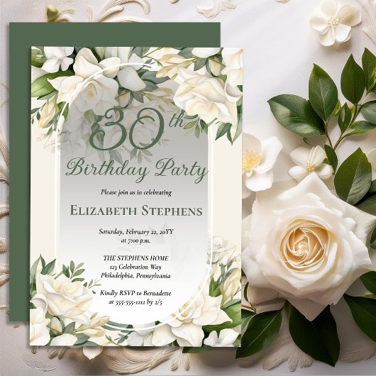 Elegant White Gardenia Floral 30th Birthday Party 招待状
