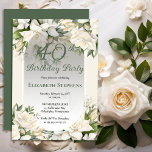Elegant White Gardenia Floral 40th Birthday Party 招待状<br><div class="desc">Celebrate a milestone birthday with timeless elegance. This sophisticated 40th birthday party invitation features a soft botanical frame of white gardenia and lily florals and delicate greenery surrounding a refined sage green background. The graceful oval frame and classic typography create a polished, upscale look perfect for a stylish birthday celebration....</div>