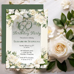Elegant White Gardenia Floral 60th Birthday Party 招待状<br><div class="desc">Celebrate a milestone birthday with timeless elegance. This sophisticated 60th birthday party invitation features a soft botanical frame of white gardenia and lily florals and delicate greenery surrounding a refined sage green background. The graceful oval frame and classic typography create a polished, upscale look perfect for a stylish birthday celebration....</div>
