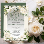 Elegant White Gardenia Floral 70th Birthday Party 招待状<br><div class="desc">Celebrate a milestone birthday with timeless elegance. This sophisticated 70th birthday party invitation features a soft botanical frame of white gardenia and lily florals and delicate greenery surrounding a refined sage green background. The graceful oval frame and classic typography create a polished, upscale look perfect for a stylish birthday celebration....</div>