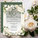 Elegant White Gardenia Floral 80th Birthday Party 招待状<br><div class="desc">Celebrate a milestone birthday with timeless elegance. This sophisticated 80th birthday party invitation features a soft botanical frame of white gardenia and lily florals and delicate greenery surrounding a refined sage green background. The graceful oval frame and classic typography create a polished, upscale look perfect for a stylish birthday celebration....</div>