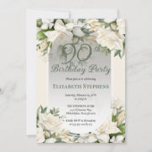 Elegant White Gardenia Floral 90th Birthday Party 招待状 (正面)