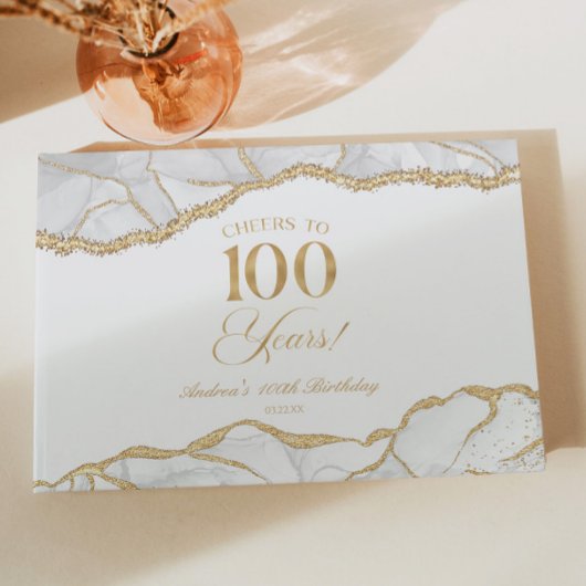 Elegant White Gold Agate 100th Birthday Party ゲストブック