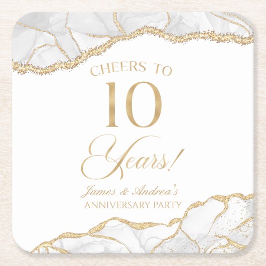 Elegant White Gold Agate 10th Anniversary Party スクエアペーパーコースター (正面)