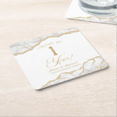 Elegant White Gold Agate 1st Anniversary Party スクエアペーパーコースター (アングル)