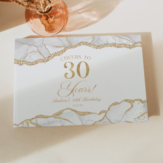 Elegant White Gold Agate 30th Birthday Party ゲストブック