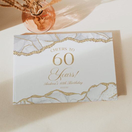 Elegant White Gold Agate 60th Birthday Party ゲストブック
