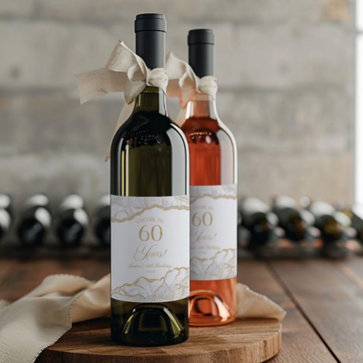 Elegant White Gold Agate 60th Birthday Party ワインラベル