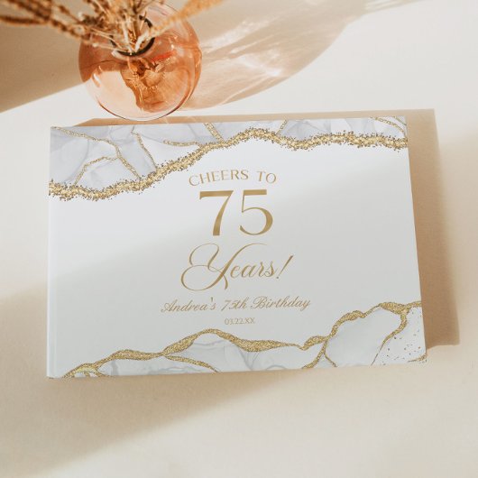 Elegant White Gold Agate 75th Birthday Party ゲストブック