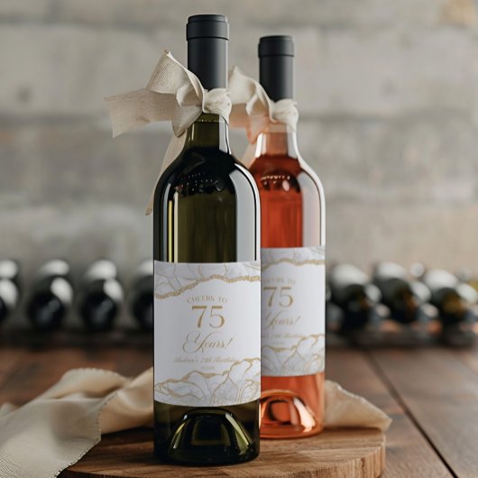 Elegant White Gold Agate 75th Birthday Party ワインラベル