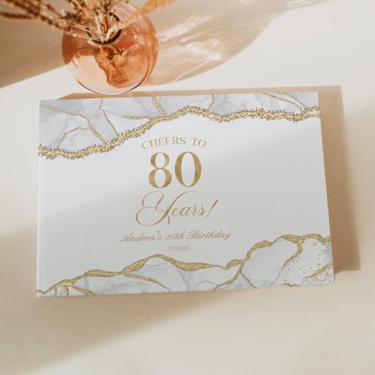Elegant White Gold Agate 80th Birthday Party ゲストブック