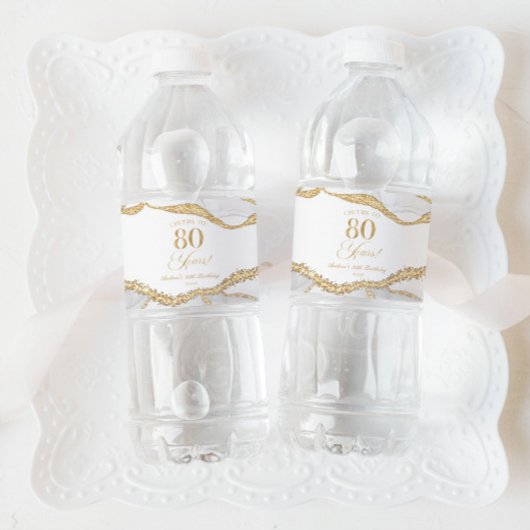Elegant White Gold Agate 80th Birthday Party ペットボトルラベル