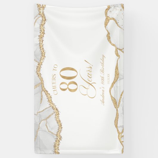 Elegant White Gold Agate 80th Birthday Party 横断幕 (縦)