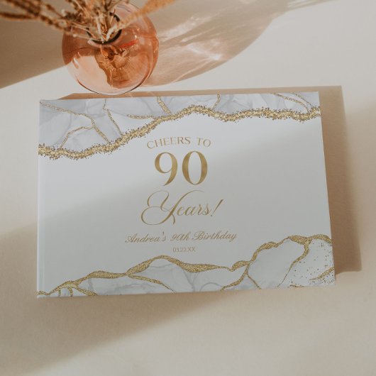 Elegant White Gold Agate 90th Birthday Party ゲストブック
