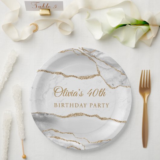 Elegant White & Gold Agate Birthday Party ペーパープレート (ウェディング)