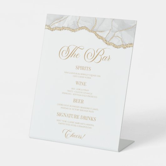 Elegant White Gold Agate Party Bar Menu 台座サイン (正面)