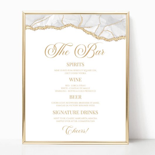 Elegant White Gold Agate Party Bar Menu Sign ポスター