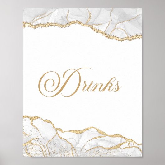 Elegant White Gold Agate Party Drinks Sign ポスター (正面)