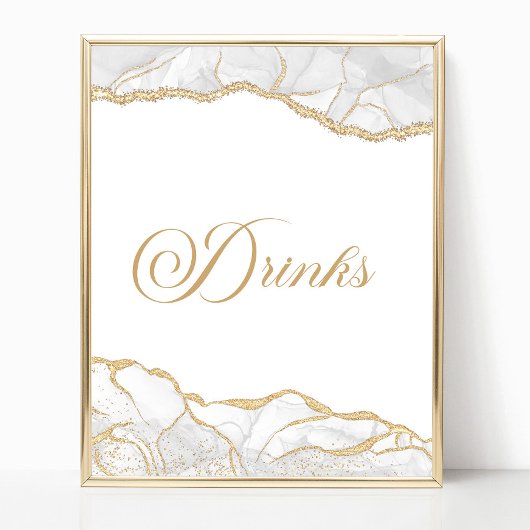Elegant White Gold Agate Party Drinks Sign ポスター