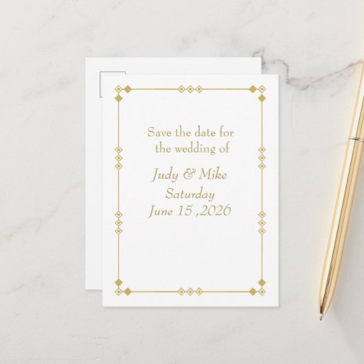 Elegant White & Gold Art Deco Save the date card 案内ポストカード (正面/裏面インサイチュ)