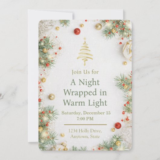 Elegant White & Gold Christmas Party Invitation 招待状 (正面)
