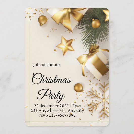 Elegant White & Gold Christmas Party Invitation 招待状 (正面)