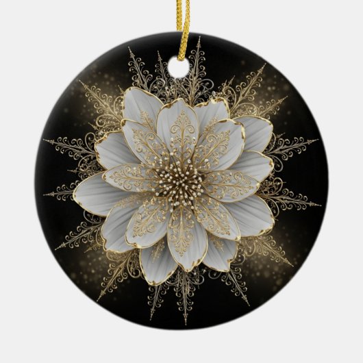 Elegant White & Gold Floral Ornament セラミックオーナメント (正面)