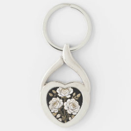 Elegant White & Gold Floral Rose heart key– Luxury キーホルダー