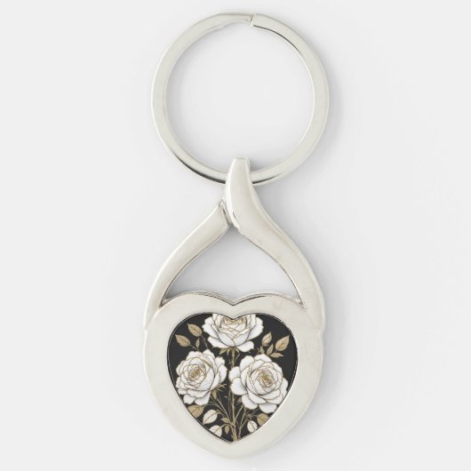 Elegant White & Gold Floral Rose heart key– Luxury キーホルダー (正面)