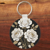 Elegant White & Gold Floral Rose Keychain – Luxury キーホルダー (正面)