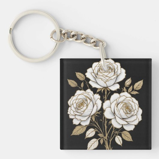 Elegant White & Gold Floral Rose Keychain – Luxury キーホルダー (正面)