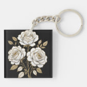 Elegant White & Gold Floral Rose Keychain – Luxury キーホルダー (裏面)
