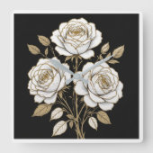 Elegant White & Gold Floral Rose Wall Clock  スクエア壁時計 (正面)