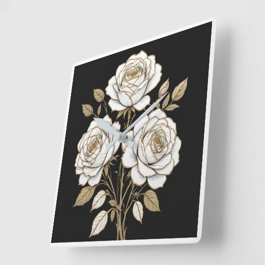 Elegant White & Gold Floral Rose Wall Clock  スクエア壁時計 (傾斜)