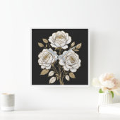 Elegant White & Gold Floral Rose Wall Clock  スクエア壁時計 (ホーム)