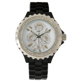 Elegant White & Gold Floral Rose Watch – Luxury Bo 腕時計