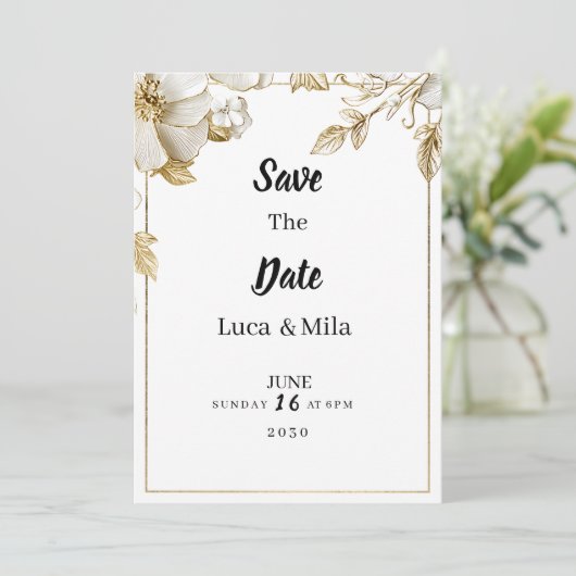 Elegant white gold flower typography Save the Date 招待状 (スタンド正面)