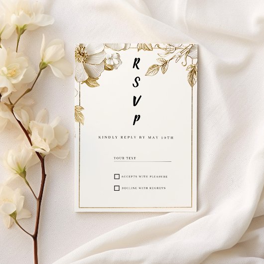 Elegant white gold flowers typography RSVP 招待状