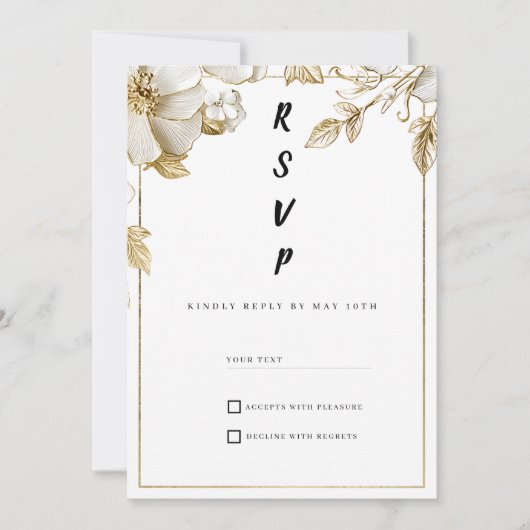 Elegant white gold flowers typography RSVP 招待状 (正面)