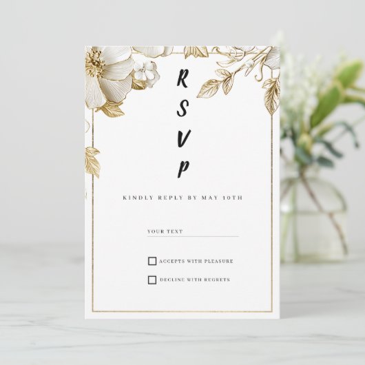 Elegant white gold flowers typography RSVP 招待状 (スタンド正面)