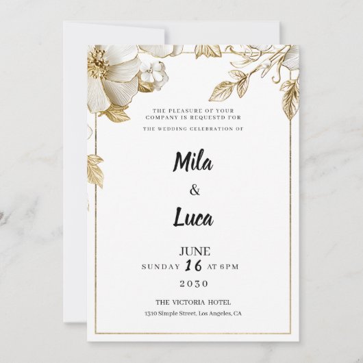 Elegant white gold flowers typography Wedding 招待状 (正面)